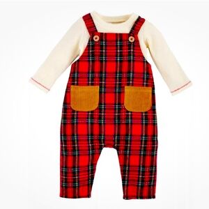 Mud Pie Baby Boys Tartan Christmas Overall & Shirt 2 Piece Set Size 3-6M